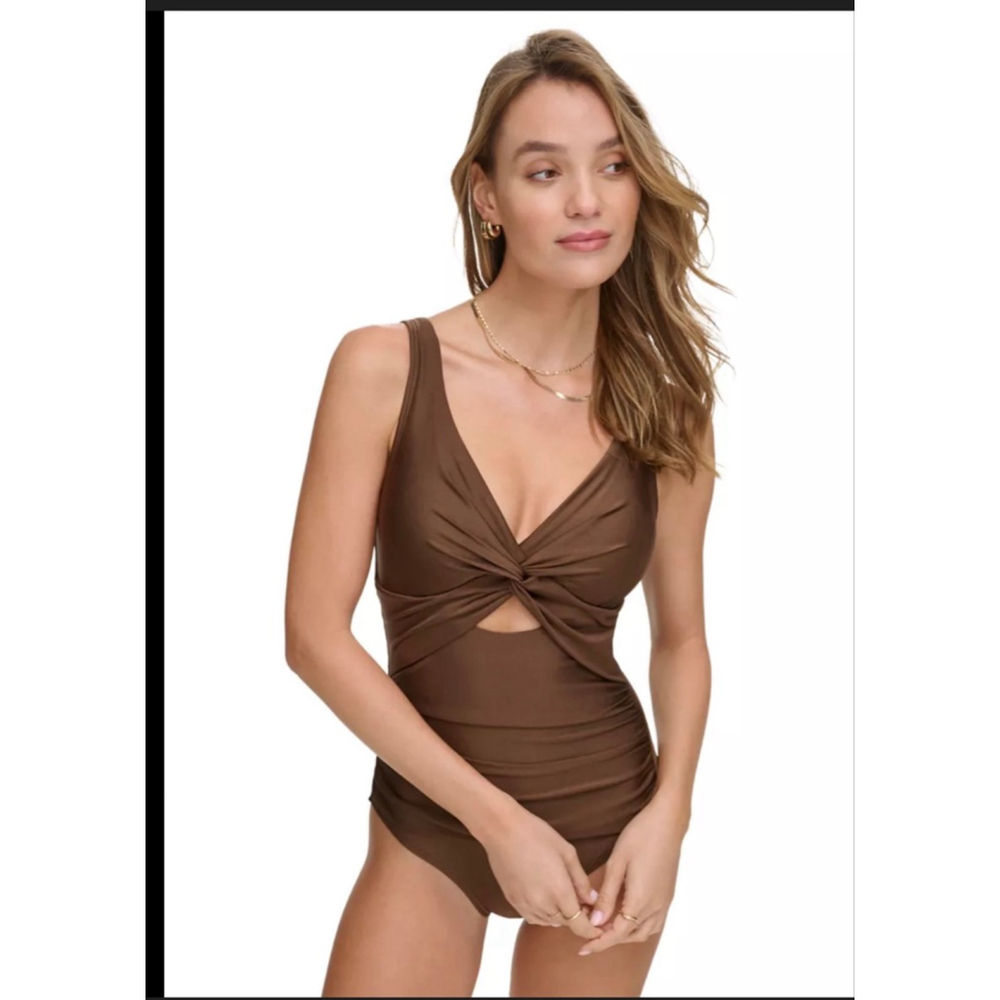 NWT DKNY Deep V-Neck Twist Front On Brown Wireless Swimsuit- Size 2X